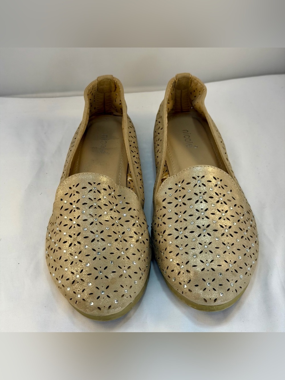 Nicole Metallic Beige Laser-Cut Loafers with Rhinestone Accents